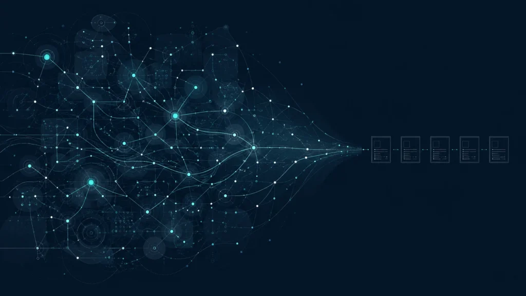 A dense business network narrowing into five simple website pages.