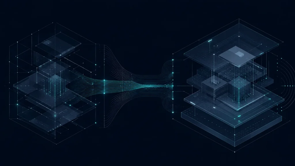 Diagram: a structured system transferring across to a second, self-contained structure.