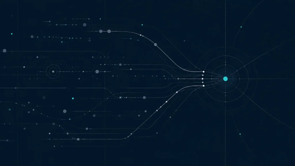 Abstract systems map showing one company connected to many separate search pathways.