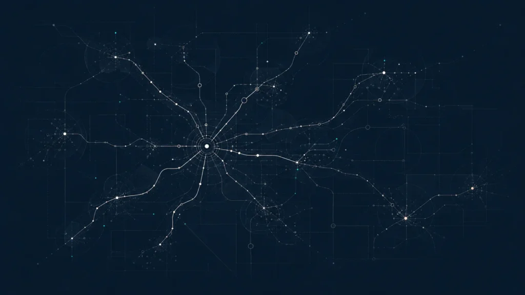 Abstract grid of repeating location nodes branching from a few parent pathways.