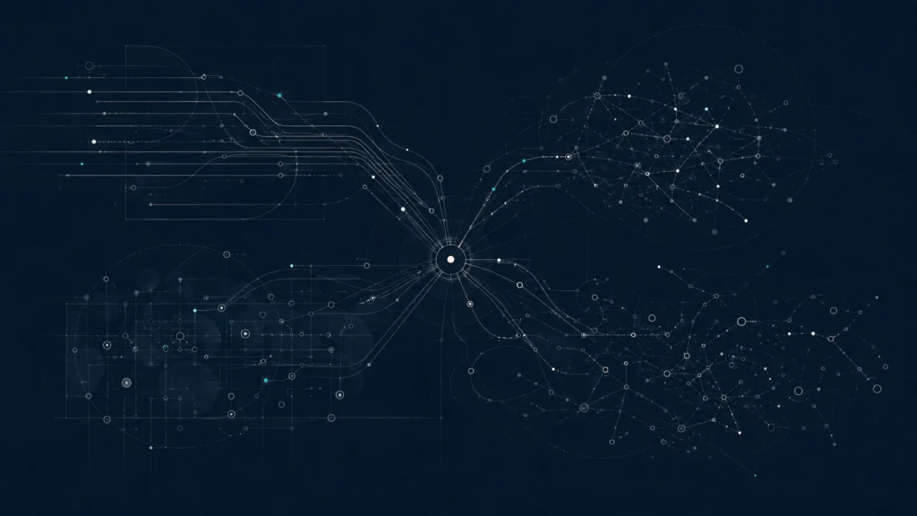 Abstract diagram of many signals converging on a single point and fanning back out.