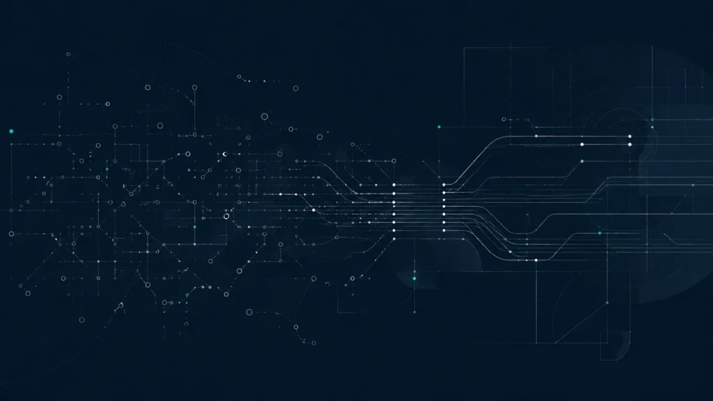 Abstract network where dense business knowledge narrows into a small website structure.
