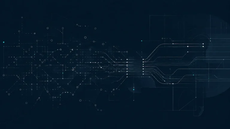 Abstract network where dense business knowledge narrows into a small website structure.