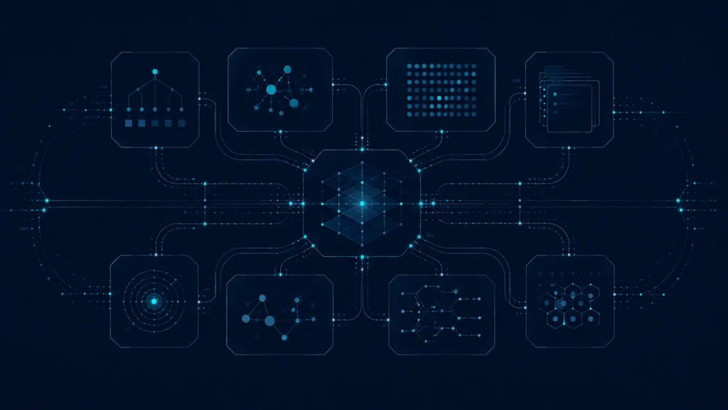 Diagram: eight connected factors feeding into a central node, representing the variables that determine the scope of a project.