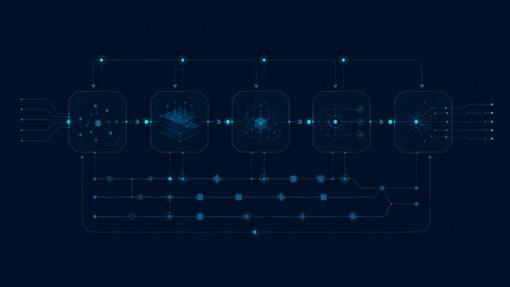 Diagram: five sequential project stages, with parallel work tracks running beneath them.