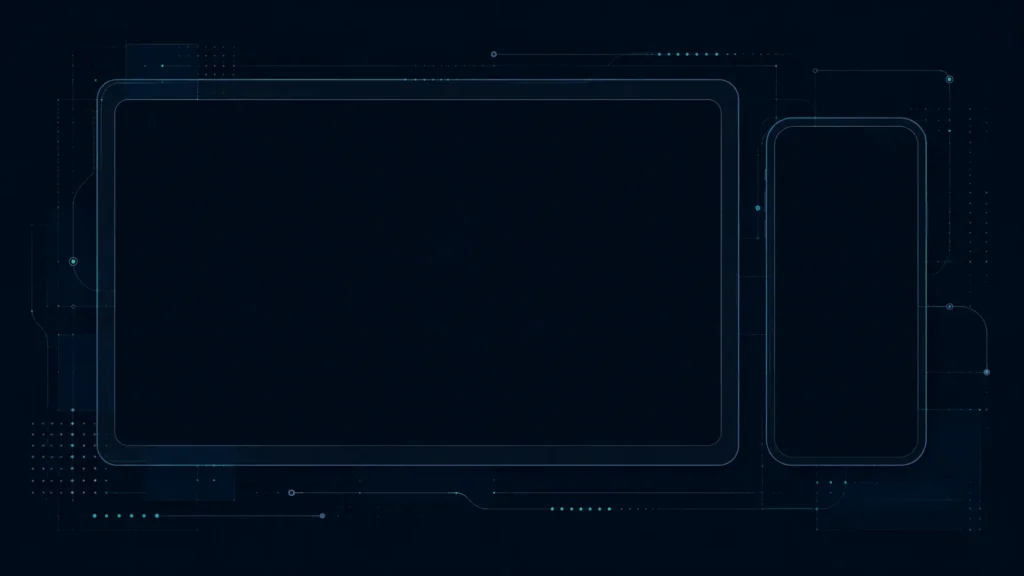 Empty desktop and mobile presentation frames, awaiting approved project screenshots.
