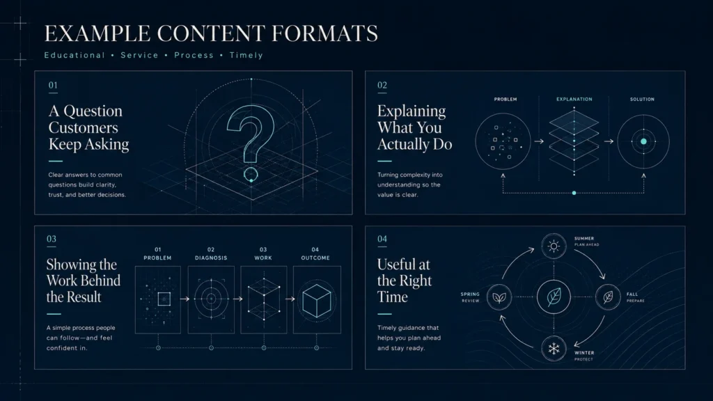 Four example content formats: a question customers keep asking, explaining what the company actually does, showing the work behind a result, and timely seasonal guidance.