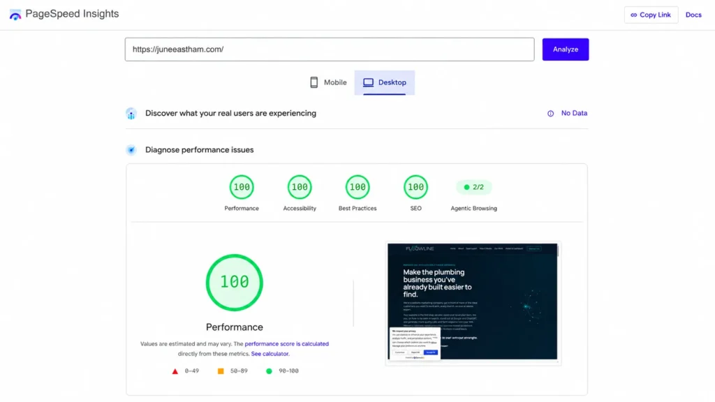 PageSpeed Insights desktop result for juneeastham.com: 100 performance, 100 accessibility, 100 best practices, 100 SEO.