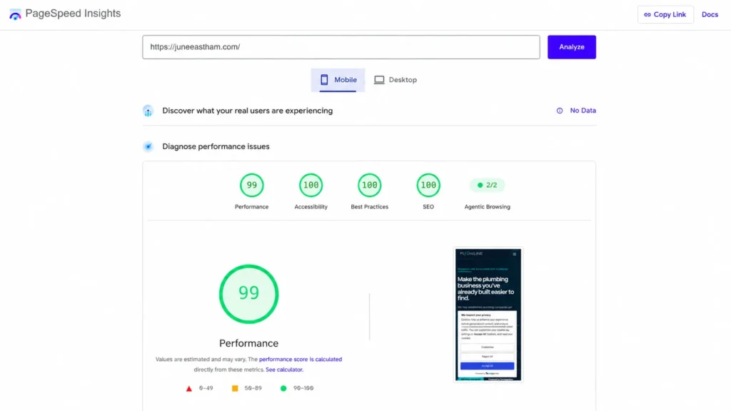 PageSpeed Insights mobile result for juneeastham.com: 99 performance, 100 accessibility, 100 best practices, 100 SEO.